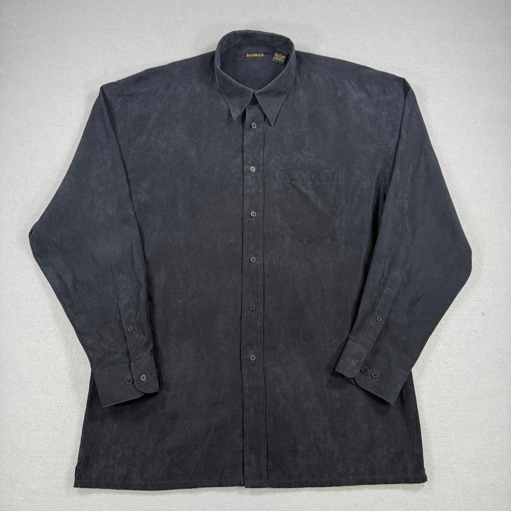 Bachrach Shirt Mens Large Black Faux Suede Button Down Hidden Collar